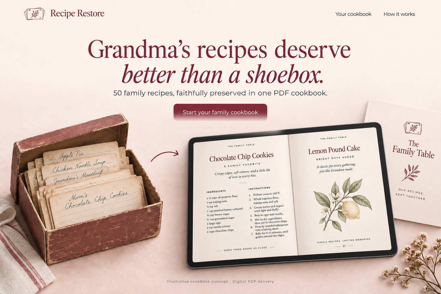 A worn shoebox of handwritten recipe cards beside a tablet showing a finished family cookbook PDF.