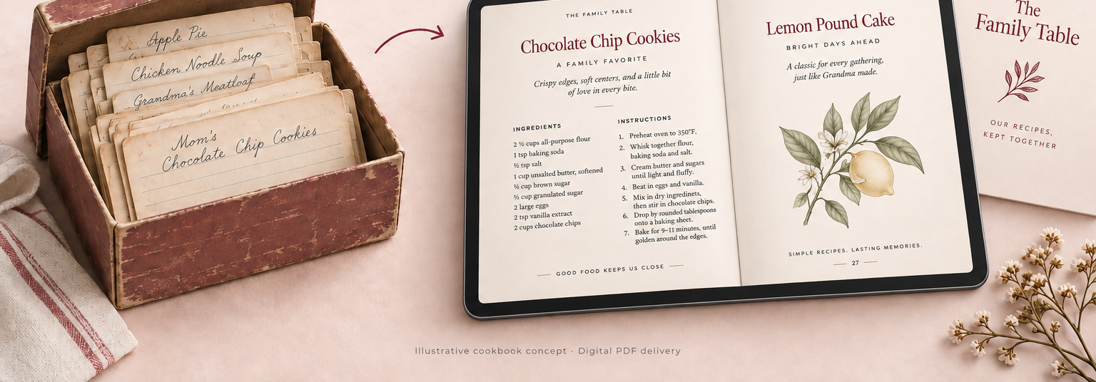 A worn shoebox of handwritten recipe cards beside a tablet showing a finished family cookbook PDF.